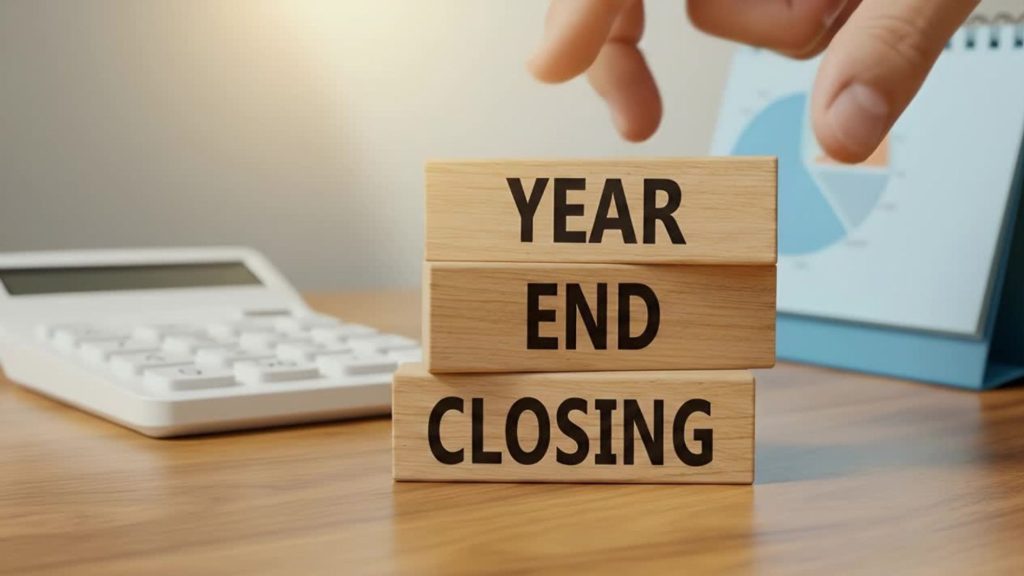 Foto mit gestapelten Holzblöcken auf denen steht "year end closing" symbolisch für den Titel "Der metakognitive Jahresrückblick: Gelassenbleiben, wenn's schief läuft