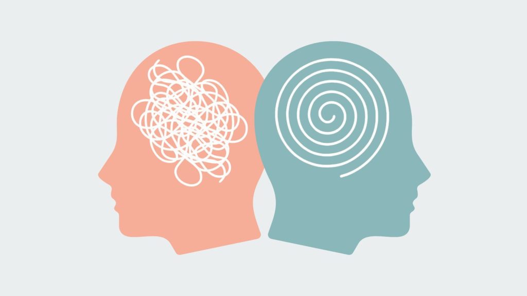 Grafik zwei Kopf-Silhouetten, eine mit Fadengewirr, die andere mit geordneter Fadenspirale im Kopf als Symbol für Brain Health